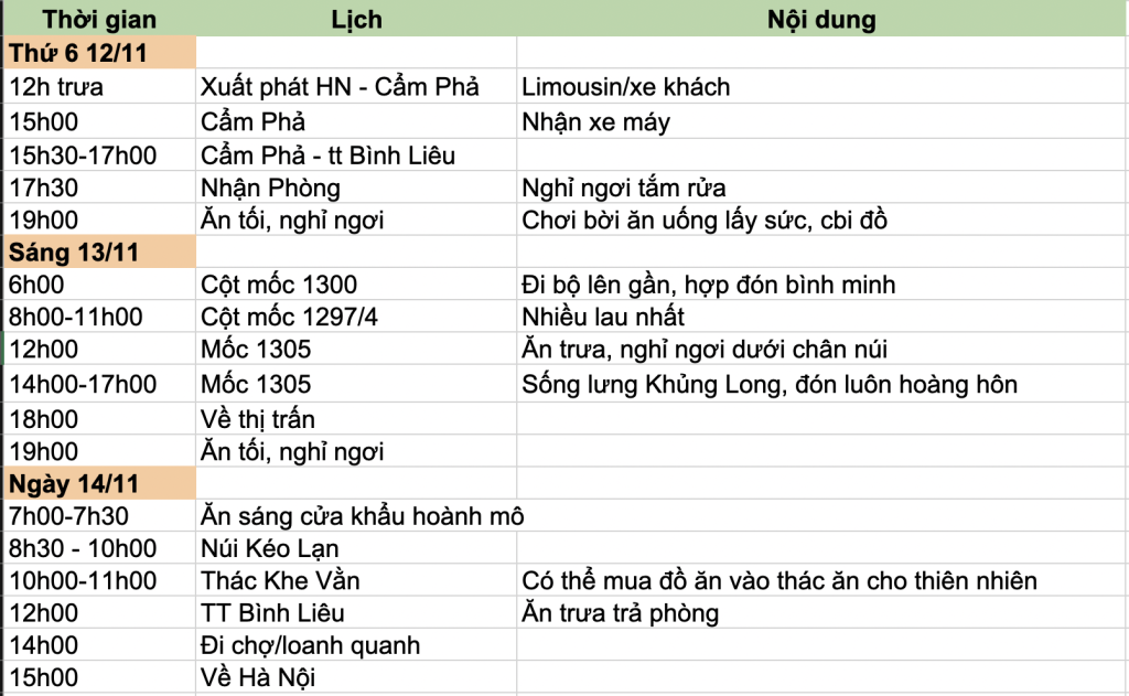 Thời gian địa điểm Lịch trình bình liêu mùa cỏ cháy 3 ngày 2 đêm